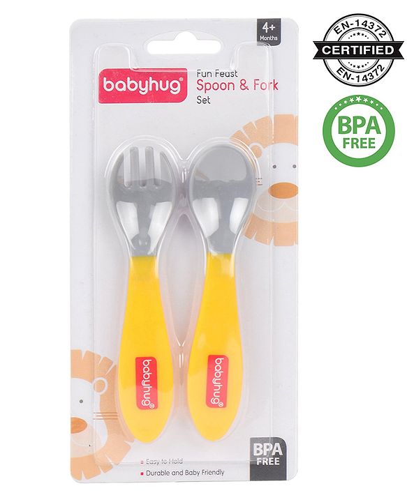 Babyhug Ergo Grip Spoon & Fork Set  Yellow| BPA-Free| Soft, Easy-Grip Handles| Safe Rounded Edges| Self & Parent Feeding