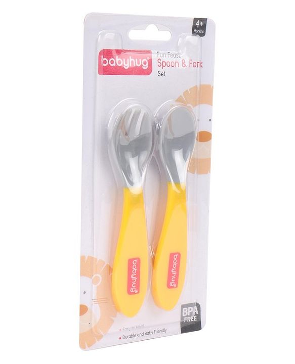 Babyhug Ergo Grip Spoon & Fork Set  Yellow| BPA-Free| Soft, Easy-Grip Handles| Safe Rounded Edges| Self & Parent Feeding