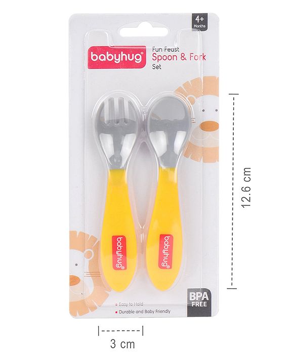 Babyhug Ergo Grip Spoon & Fork Set  Yellow| BPA-Free| Soft, Easy-Grip Handles| Safe Rounded Edges| Self & Parent Feeding