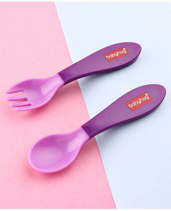 Babyhug Ergo Grip Spoon & Fork Set  Purple| BPA-Free| Soft, Easy-Grip Handles| Safe Rounded Edges| Self & Parent Feeding
