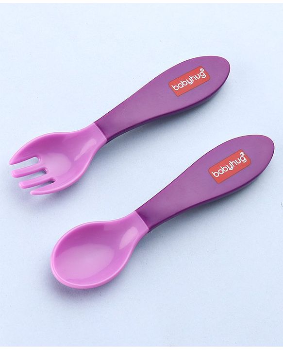Babyhug Ergo Grip Spoon & Fork Set  Purple| BPA-Free| Soft, Easy-Grip Handles| Safe Rounded Edges| Self & Parent Feeding