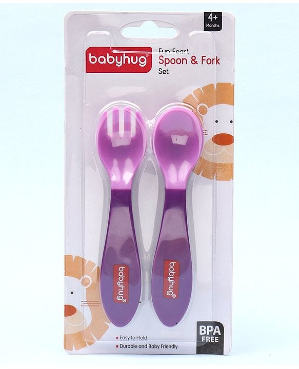 Babyhug Ergo Grip Spoon & Fork Set  Purple| BPA-Free| Soft, Easy-Grip Handles| Safe Rounded Edges| Self & Parent Feeding