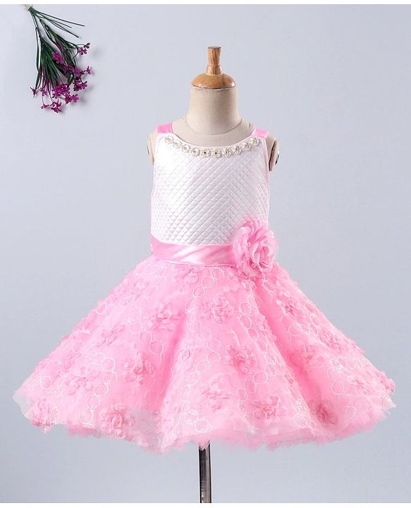 Babyhug Sleeveless Embroidered Party Frock With Neckline Floral Embellishment - White Pink