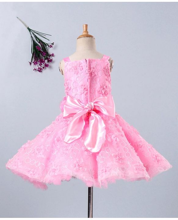 Babyhug Sleeveless Embroidered Party Frock With Neckline Floral Embellishment - White Pink
