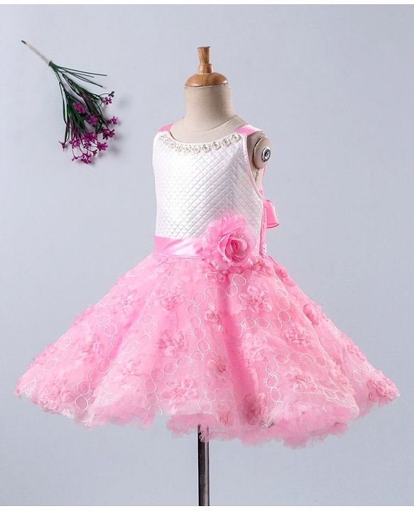 Babyhug Sleeveless Embroidered Party Frock With Neckline Floral Embellishment - White Pink