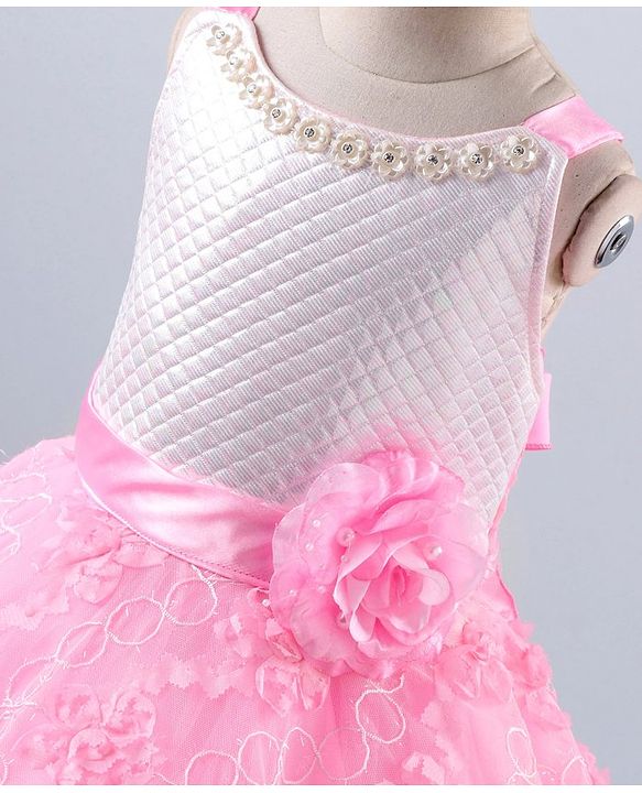 Babyhug Sleeveless Embroidered Party Frock With Neckline Floral Embellishment - White Pink