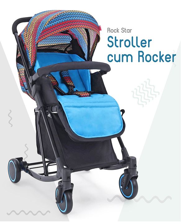 Babyhug Rock Star Stroller Cum Rocker With 5 Point Safety Harness - Blue| Reclining Seat| Linked Brake| Adjustable Canopy| Single Hand Fold
