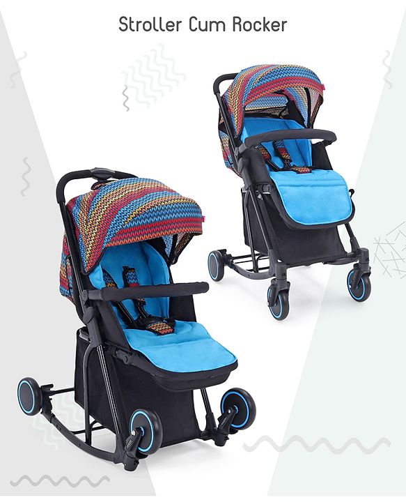 Babyhug Rock Star Stroller Cum Rocker With 5 Point Safety Harness - Blue| Reclining Seat| Linked Brake| Adjustable Canopy| Single Hand Fold
