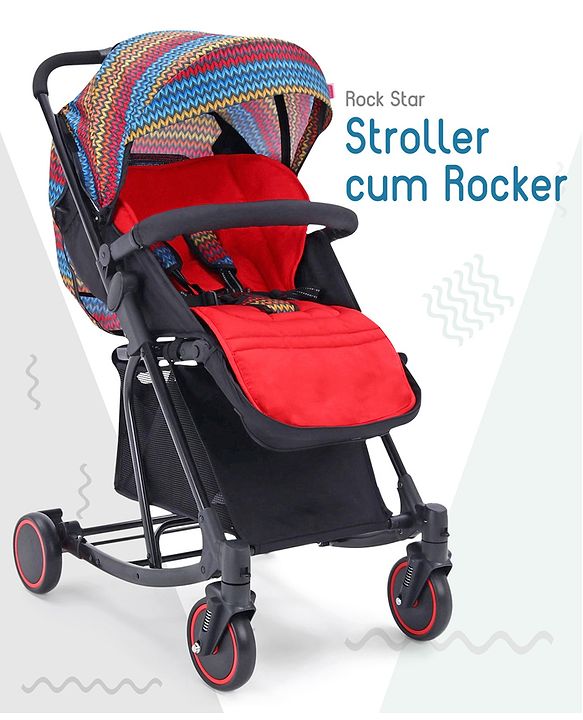Babyhug Rock Star Stroller Cum Rocker With 5 Point Safety Harness - Red| Reclining Seat| Linked Brake| Adjustable Canopy| Single Hand Fold