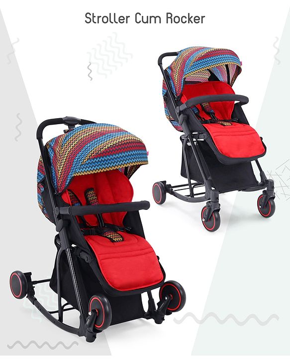 Babyhug Rock Star Stroller Cum Rocker With 5 Point Safety Harness - Red| Reclining Seat| Linked Brake| Adjustable Canopy| Single Hand Fold
