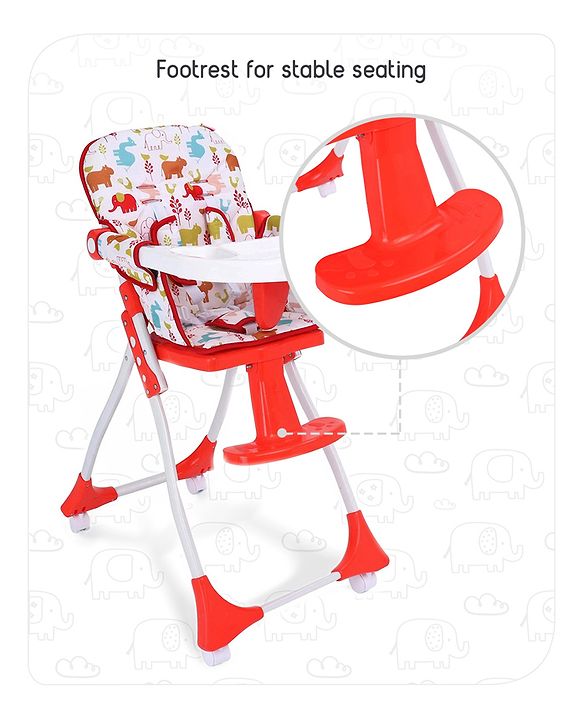 Babyhug Bloom High Chair with Footrest Animal Print - Red| Compact Fold| Safety Harness| Removable Cushion| Adjustable Feeding Tray| Wheels with Lock