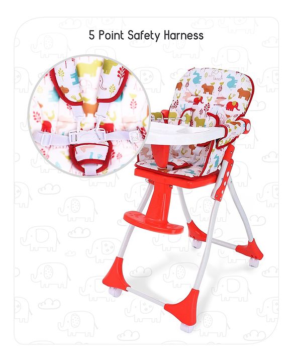 Babyhug Bloom High Chair with Footrest Animal Print - Red| Compact Fold| Safety Harness| Removable Cushion| Adjustable Feeding Tray| Wheels with Lock
