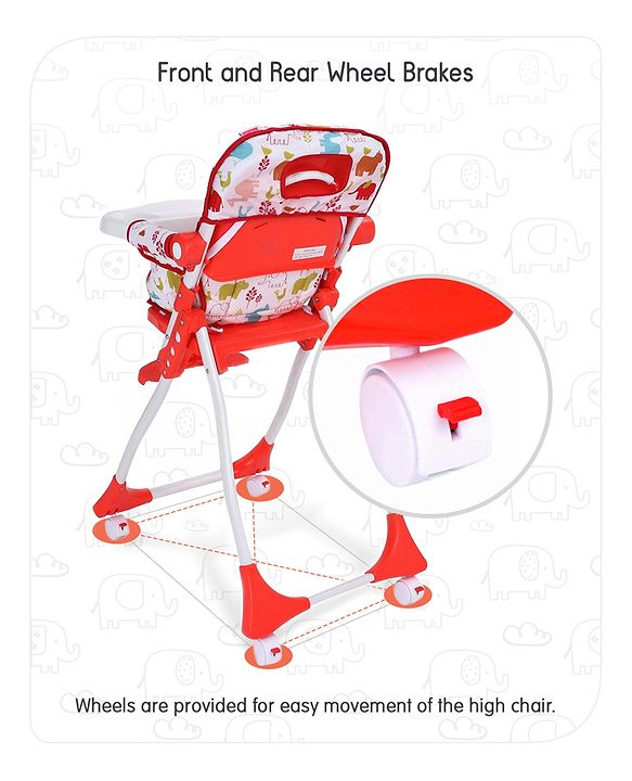 Babyhug Bloom High Chair with Footrest Animal Print - Red| Compact Fold| Safety Harness| Removable Cushion| Adjustable Feeding Tray| Wheels with Lock