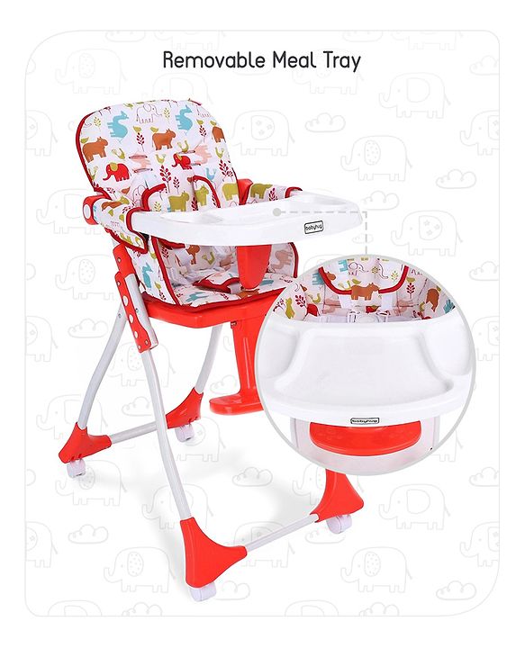 Babyhug Bloom High Chair with Footrest Animal Print - Red| Compact Fold| Safety Harness| Removable Cushion| Adjustable Feeding Tray| Wheels with Lock
