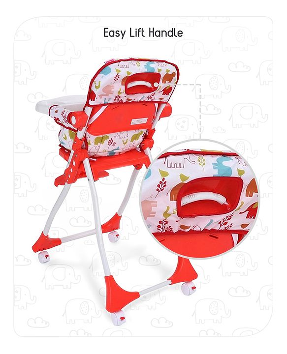 Babyhug Bloom High Chair with Footrest Animal Print - Red| Compact Fold| Safety Harness| Removable Cushion| Adjustable Feeding Tray| Wheels with Lock