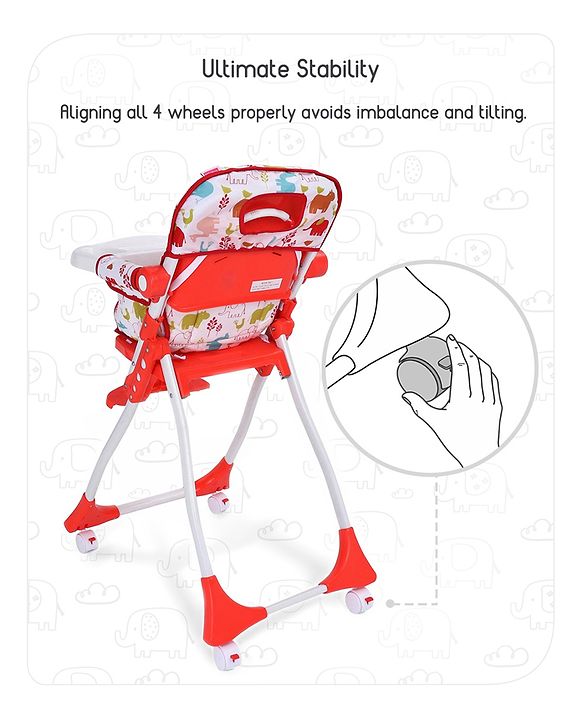 Babyhug Bloom High Chair with Footrest Animal Print - Red| Compact Fold| Safety Harness| Removable Cushion| Adjustable Feeding Tray| Wheels with Lock