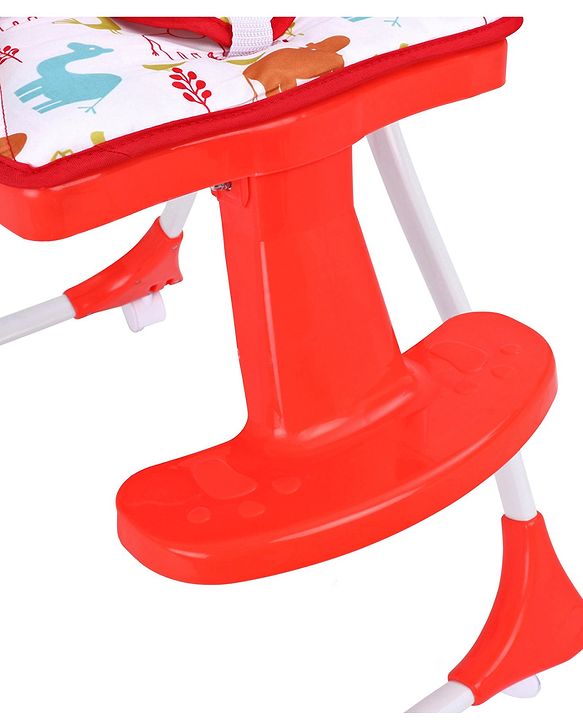 Babyhug Bloom High Chair with Footrest Animal Print - Red| Compact Fold| Safety Harness| Removable Cushion| Adjustable Feeding Tray| Wheels with Lock