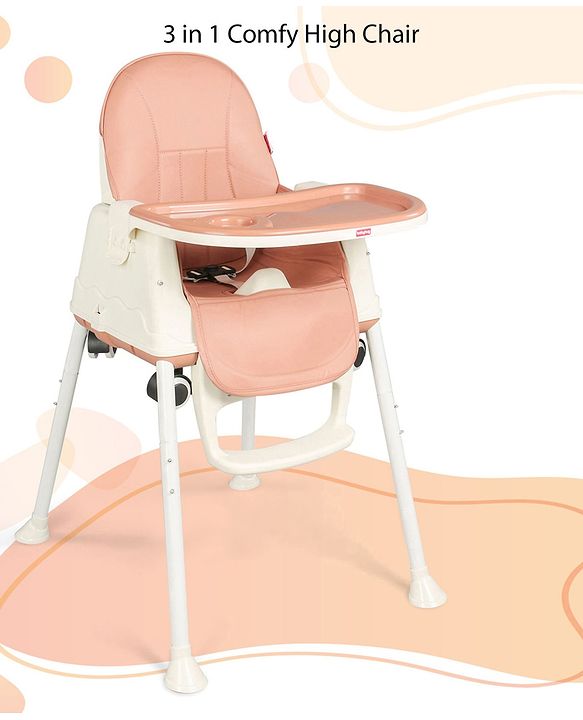 Babyhug 3 in 1 Comfy High Chair - Brown| High Chair, Feeding Chair & Booster Chair| Adjustable Double Food Tray| Removable PU Leather Seat| Safety Harness| Removable Footrest