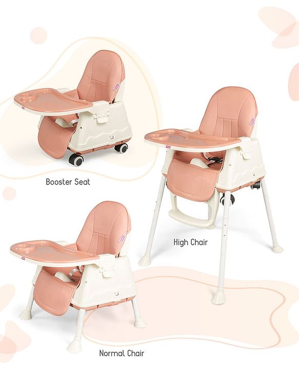 Babyhug 3 in 1 Comfy High Chair - Brown| High Chair, Feeding Chair & Booster Chair| Adjustable Double Food Tray| Removable PU Leather Seat| Safety Harness| Removable Footrest
