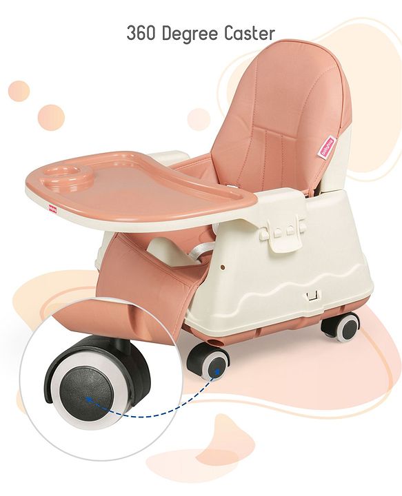 Babyhug 3 in 1 Comfy High Chair - Brown| High Chair, Feeding Chair & Booster Chair| Adjustable Double Food Tray| Removable PU Leather Seat| Safety Harness| Removable Footrest