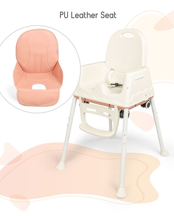 Babyhug 3 in 1 Comfy High Chair - Brown| High Chair, Feeding Chair & Booster Chair| Adjustable Double Food Tray| Removable PU Leather Seat| Safety Harness| Removable Footrest