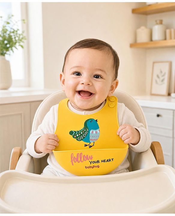 Babyhug Soft Silicone Feeding Bib  Bird Print, Yellow| Waterproof, Tear-Resistant, Easy to Wear| With Deep Crumb Catcher| Adjustable Fit| Foldable & Easy to Carry