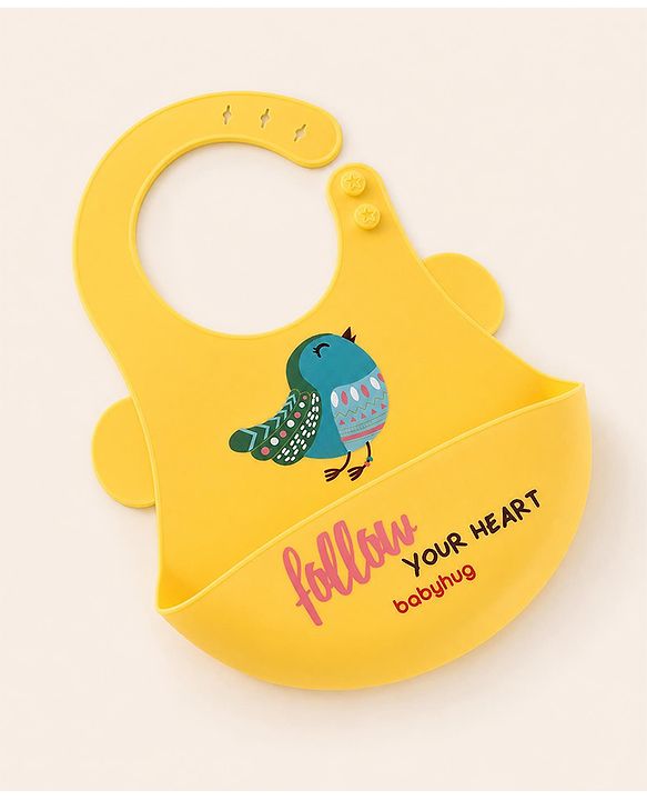 Babyhug Soft Silicone Feeding Bib  Bird Print, Yellow| Waterproof, Tear-Resistant, Easy to Wear| With Deep Crumb Catcher| Adjustable Fit| Foldable & Easy to Carry