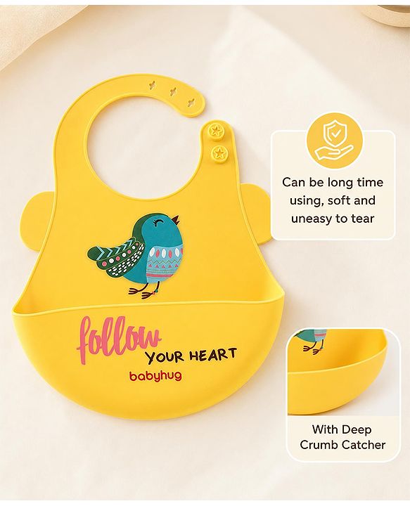 Babyhug Soft Silicone Feeding Bib  Bird Print, Yellow| Waterproof, Tear-Resistant, Easy to Wear| With Deep Crumb Catcher| Adjustable Fit| Foldable & Easy to Carry