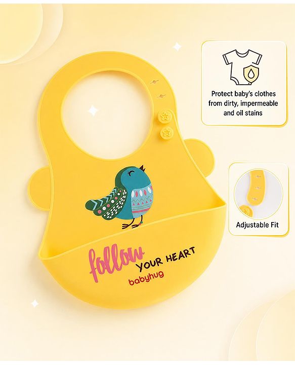 Babyhug Soft Silicone Feeding Bib  Bird Print, Yellow| Waterproof, Tear-Resistant, Easy to Wear| With Deep Crumb Catcher| Adjustable Fit| Foldable & Easy to Carry