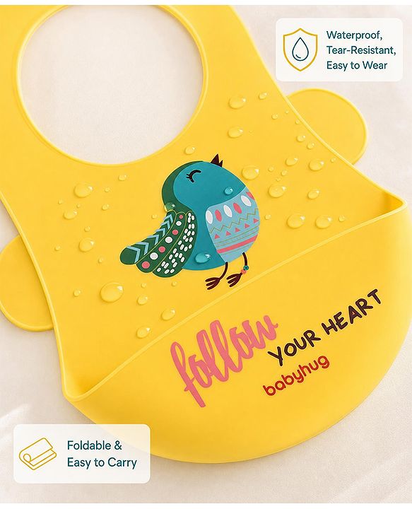 Babyhug Soft Silicone Feeding Bib  Bird Print, Yellow| Waterproof, Tear-Resistant, Easy to Wear| With Deep Crumb Catcher| Adjustable Fit| Foldable & Easy to Carry