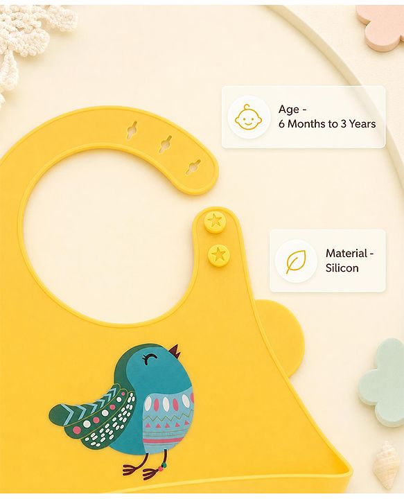Babyhug Soft Silicone Feeding Bib  Bird Print, Yellow| Waterproof, Tear-Resistant, Easy to Wear| With Deep Crumb Catcher| Adjustable Fit| Foldable & Easy to Carry