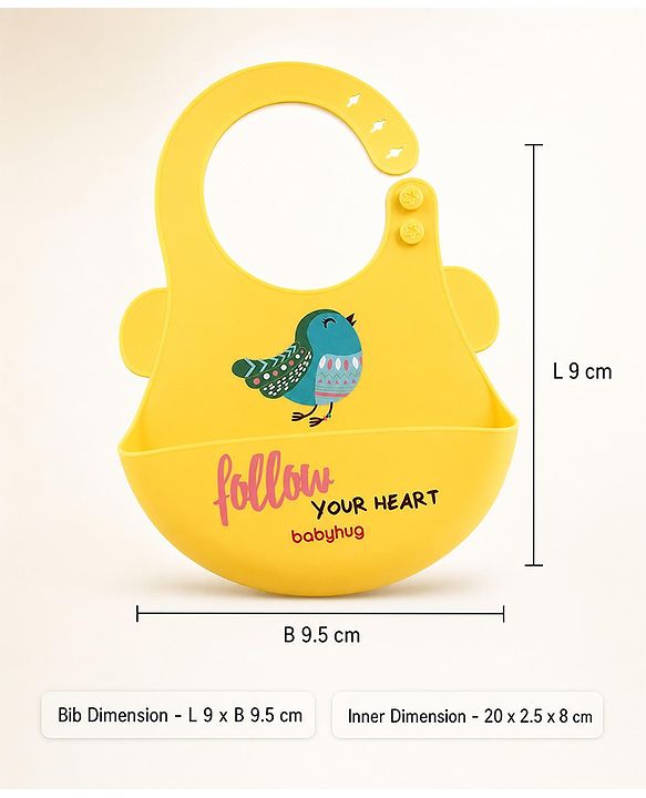 Babyhug Soft Silicone Feeding Bib  Bird Print, Yellow| Waterproof, Tear-Resistant, Easy to Wear| With Deep Crumb Catcher| Adjustable Fit| Foldable & Easy to Carry