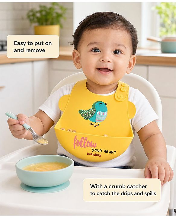 Babyhug Soft Silicone Feeding Bib  Bird Print, Yellow| Waterproof, Tear-Resistant, Easy to Wear| With Deep Crumb Catcher| Adjustable Fit| Foldable & Easy to Carry