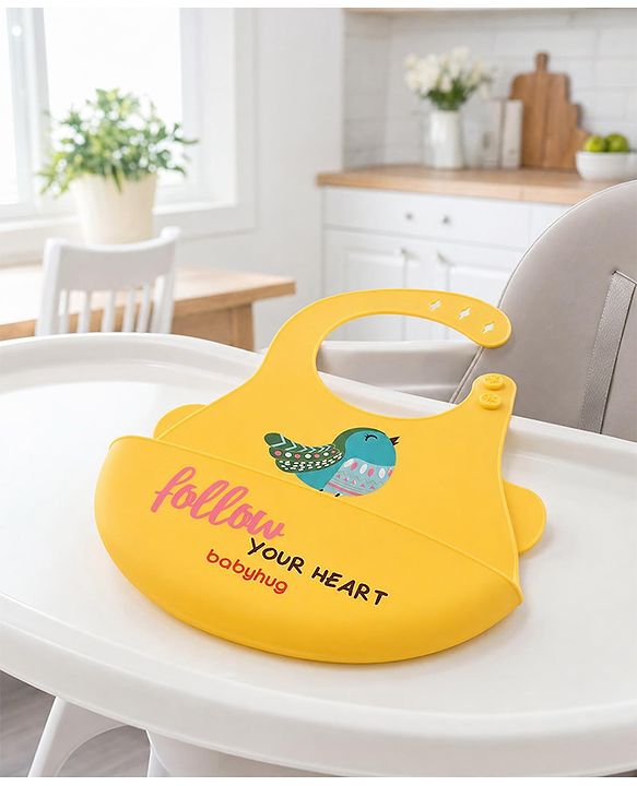 Babyhug Soft Silicone Feeding Bib  Bird Print, Yellow| Waterproof, Tear-Resistant, Easy to Wear| With Deep Crumb Catcher| Adjustable Fit| Foldable & Easy to Carry