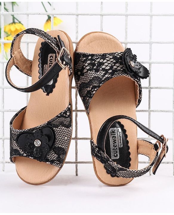 Cute Walk by Babyhug Party Wear Sandals Floral Appliques - Black