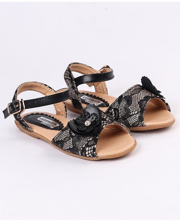 Cute Walk by Babyhug Party Wear Sandals Floral Appliques - Black