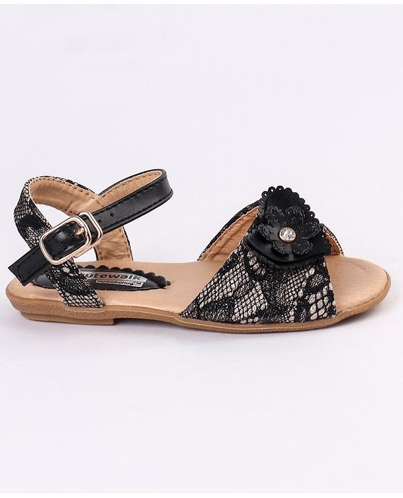 Cute Walk by Babyhug Party Wear Sandals Floral Appliques - Black