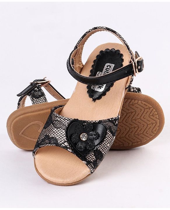 Cute Walk by Babyhug Party Wear Sandals Floral Appliques - Black