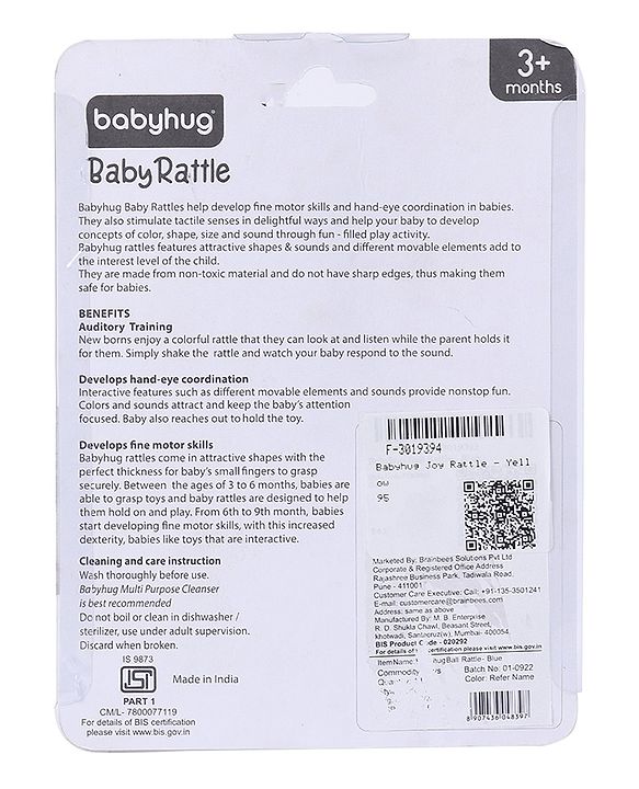 Babyhug Joy Rattle with Vibrant Color & Delightful Rattling Sound|Lightweight, Easy-to-Hold Rattle for Sensory|Motor Skill & Cognitive Development|Safe & Durable Material|3+ Months|BIS|Yellow & Blue