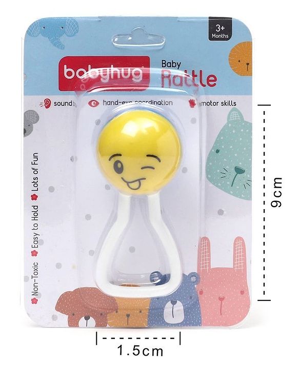 Babyhug Joy Rattle with Vibrant Color & Delightful Rattling Sound|Lightweight, Easy-to-Hold Rattle for Sensory|Motor Skill & Cognitive Development|Safe & Durable Material|3+ Months|BIS|Yellow & Blue