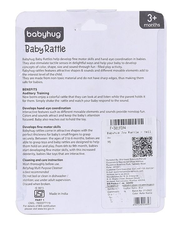 Babyhug Joy Rattle with Vibrant Color & Delightful Rattling Sound|Lightweight, Easy-to-Hold Rattle for Sensory|Motor Skill & Cognitive Development|Safe & Durable Material|3+ Months|BIS|Yellow & Blue
