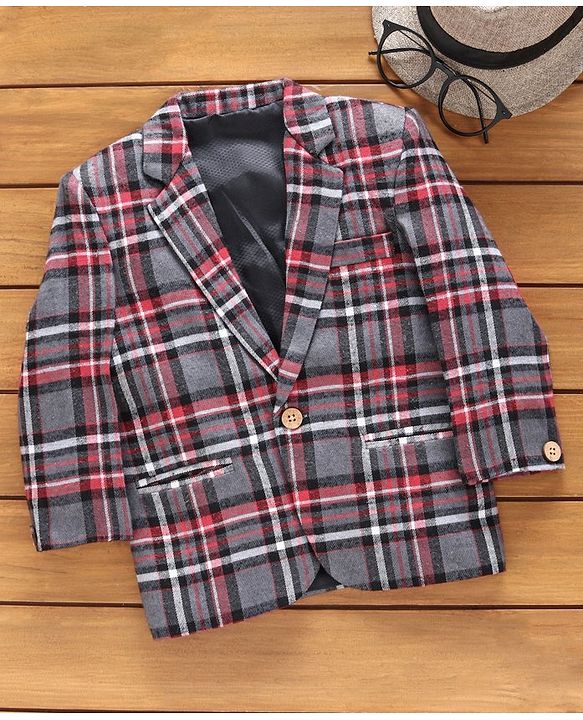 Babyhug Full Sleeves Checked Blazer With Three Pockets - Grey