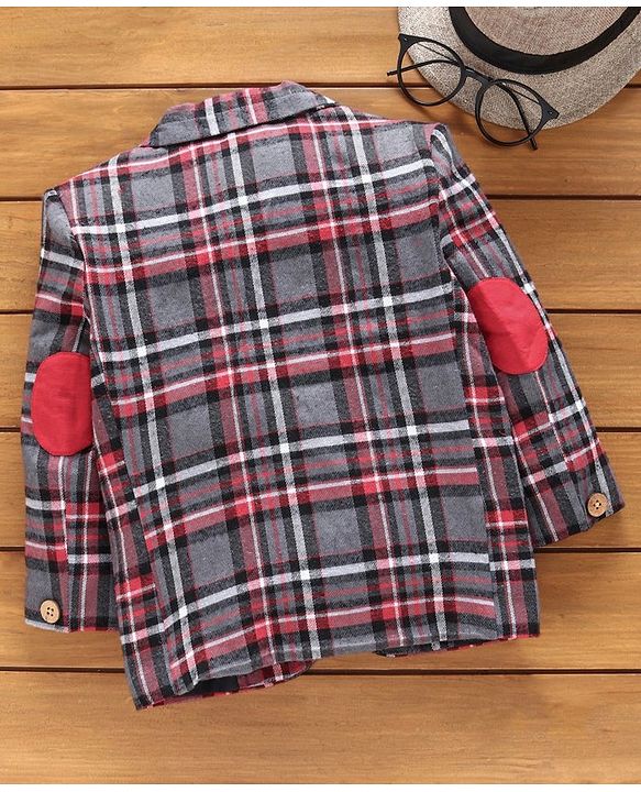 Babyhug Full Sleeves Checked Blazer With Three Pockets - Grey