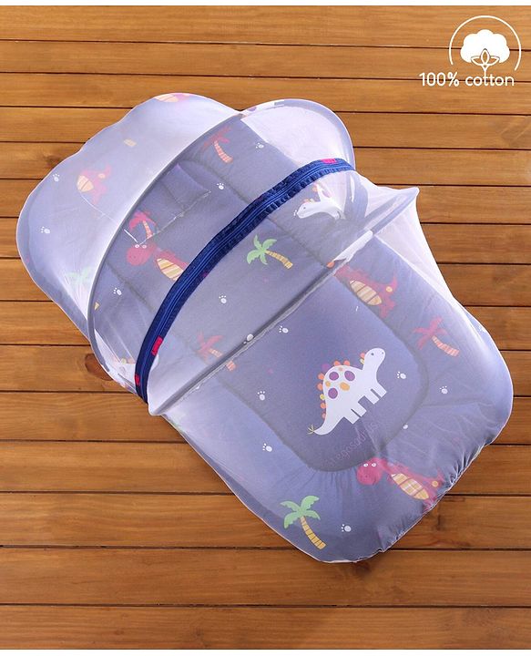 Babyhug Cotton Bedding Set with Mosquito Net Dino Kingdom Print - Navy Blue