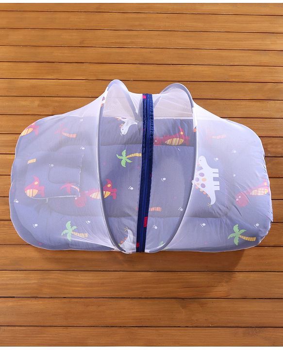 Babyhug Cotton Bedding Set with Mosquito Net Dino Kingdom Print - Navy Blue