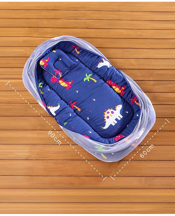 Babyhug Cotton Bedding Set with Mosquito Net Dino Kingdom Print - Navy Blue