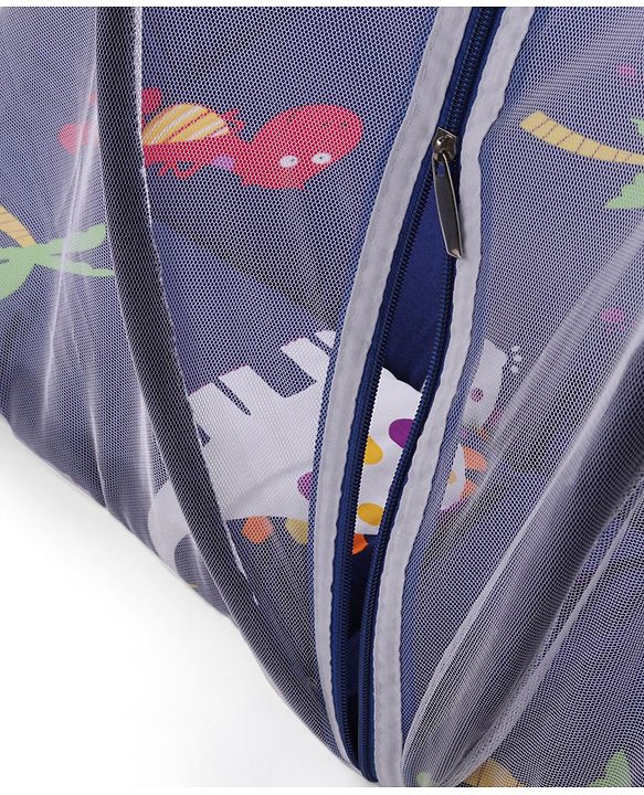 Babyhug Cotton Bedding Set with Mosquito Net Dino Kingdom Print - Navy Blue