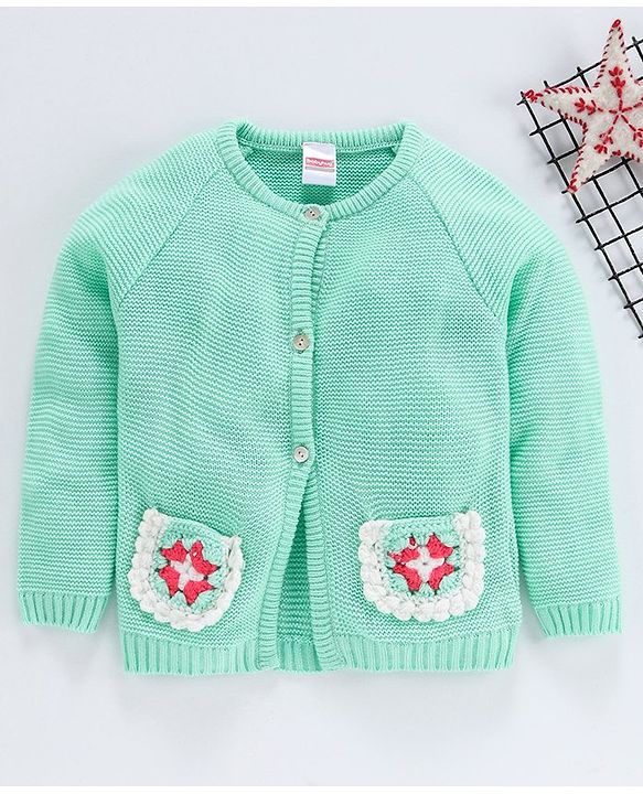 Babyhug Full Sleeves Front Open Sweater With Pockets - Light Green