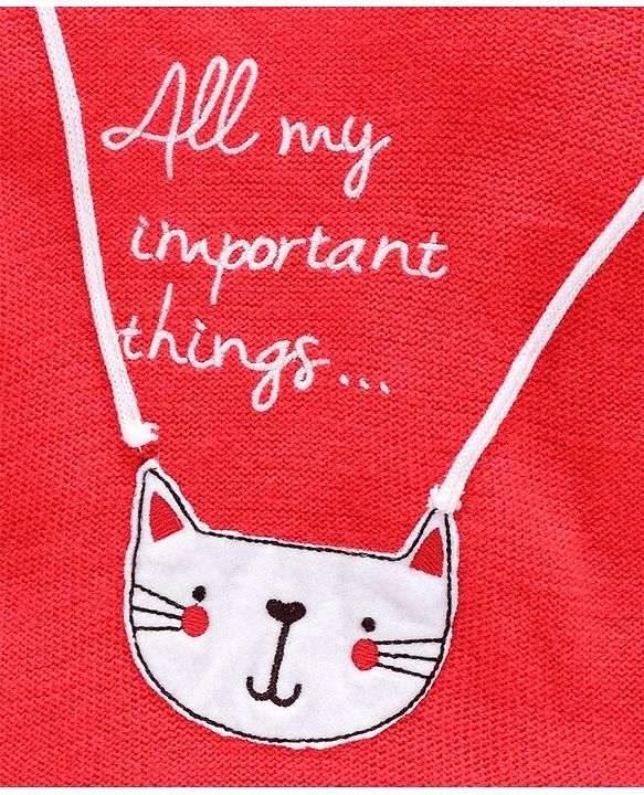 Babyhug Full Sleeves Sweater Kitty Patch - Coral White