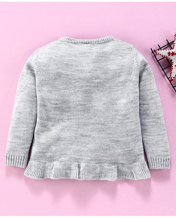 Babyhug Full Sleeves Frilled Sweater Kitty Embroidered - Grey